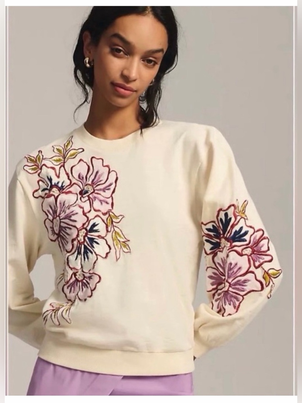NWT Anthropologie Appliqué Cream Red Floral Embroidery Sweatshirt Size XXS